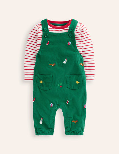 Cord Novelty Dungaree Set-Jewel Green Embroidery