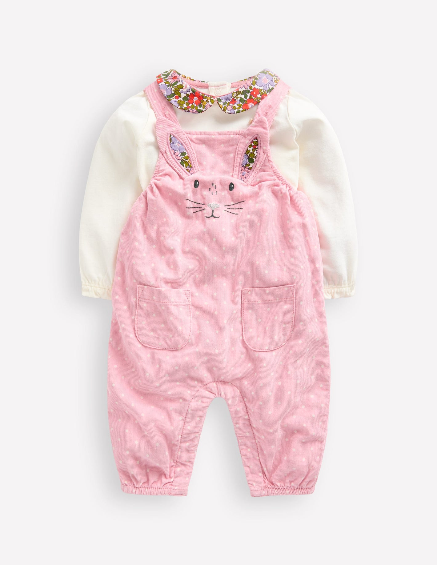 Cord Dungaree Set-Almond Pink Pin Spot Bunny