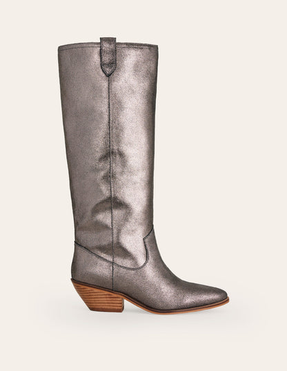 Western Knee High Boots-Silver