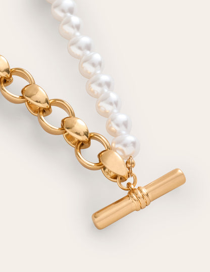 Faux Pearl T-bar Necklace-Gold