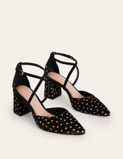 Strap Block Heel Point Courts-Black and Camel Spot