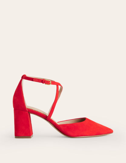 Strap Block Heel Point Courts-Red Suede