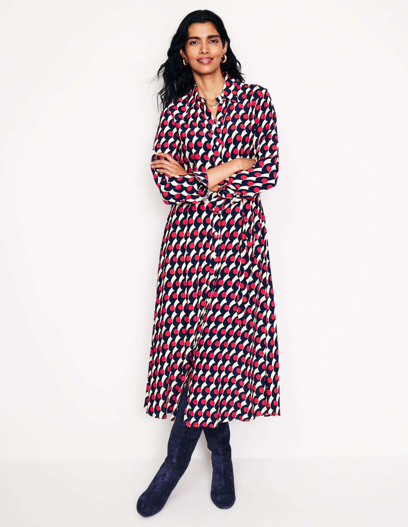 Kate Midi Shirt Dress-Red, Polka Wave