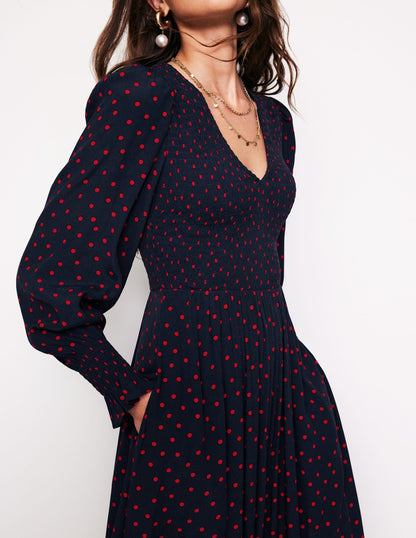 Gemma Smocked Midi Dress-High Risk Red, Abstract Dot