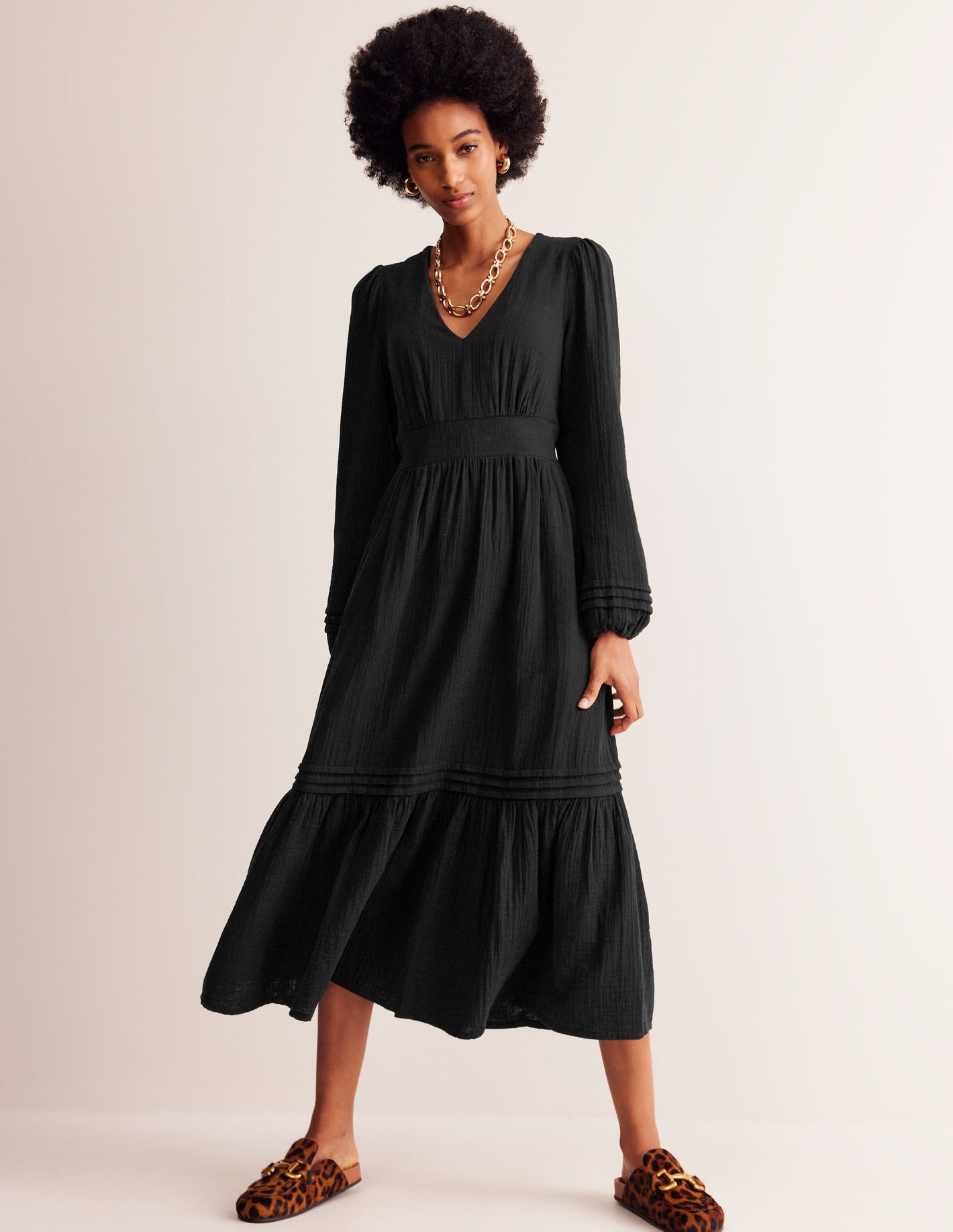 Eve Sleeved Double Cloth Dress-Black