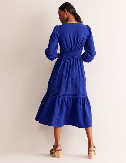 Eve Sleeved Double Cloth Dress-Mazarine Blue