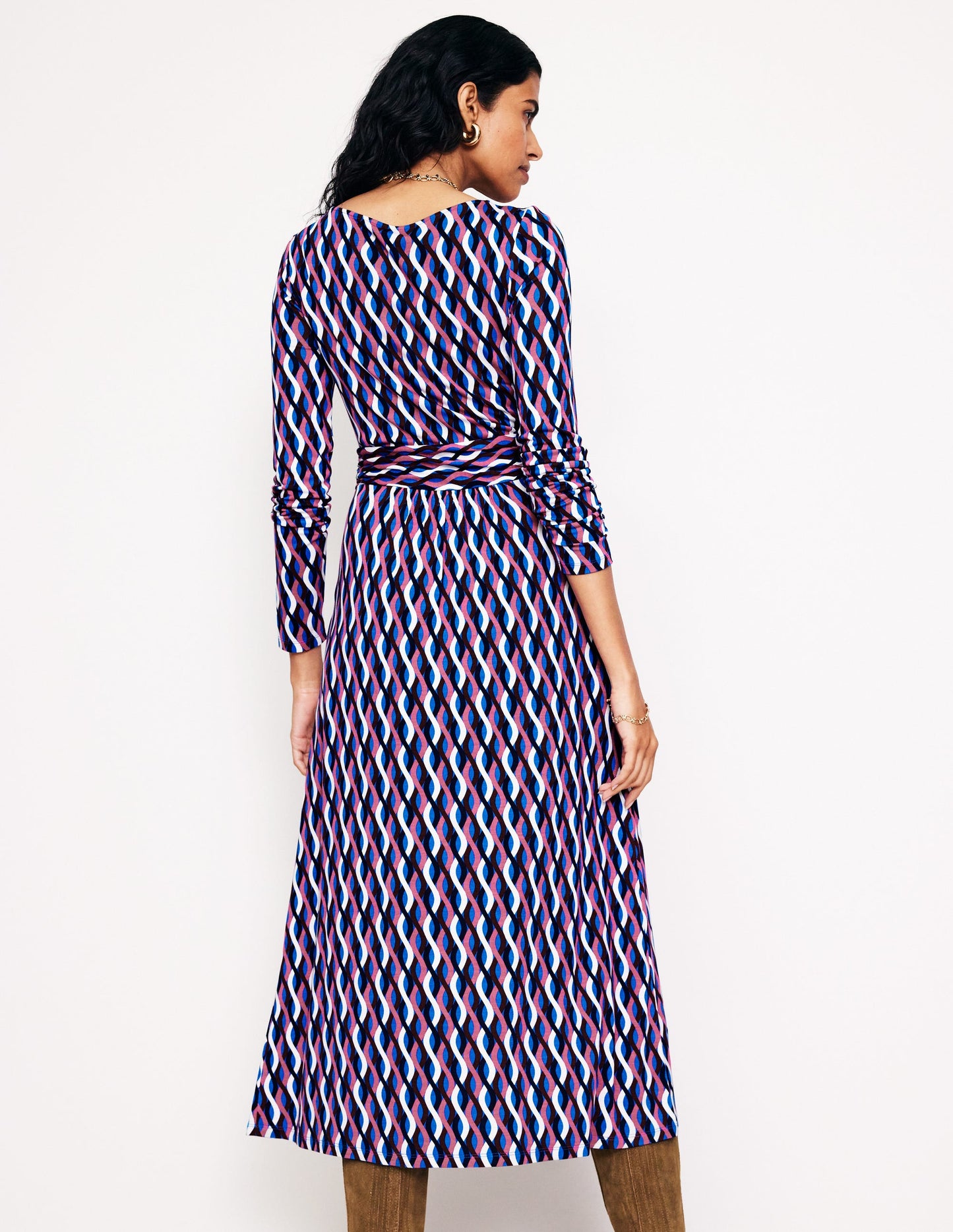 Amelie Long Sleeve Midi Dress-Kingfisher Blue, Trellis Wave