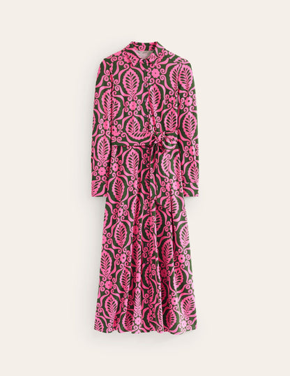 Marcia Jersey Midi Shirt Dress-Party Pink, Foliage Stamp