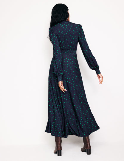 Ivy Smocked Midi Dress-Navy, Sparse Spot