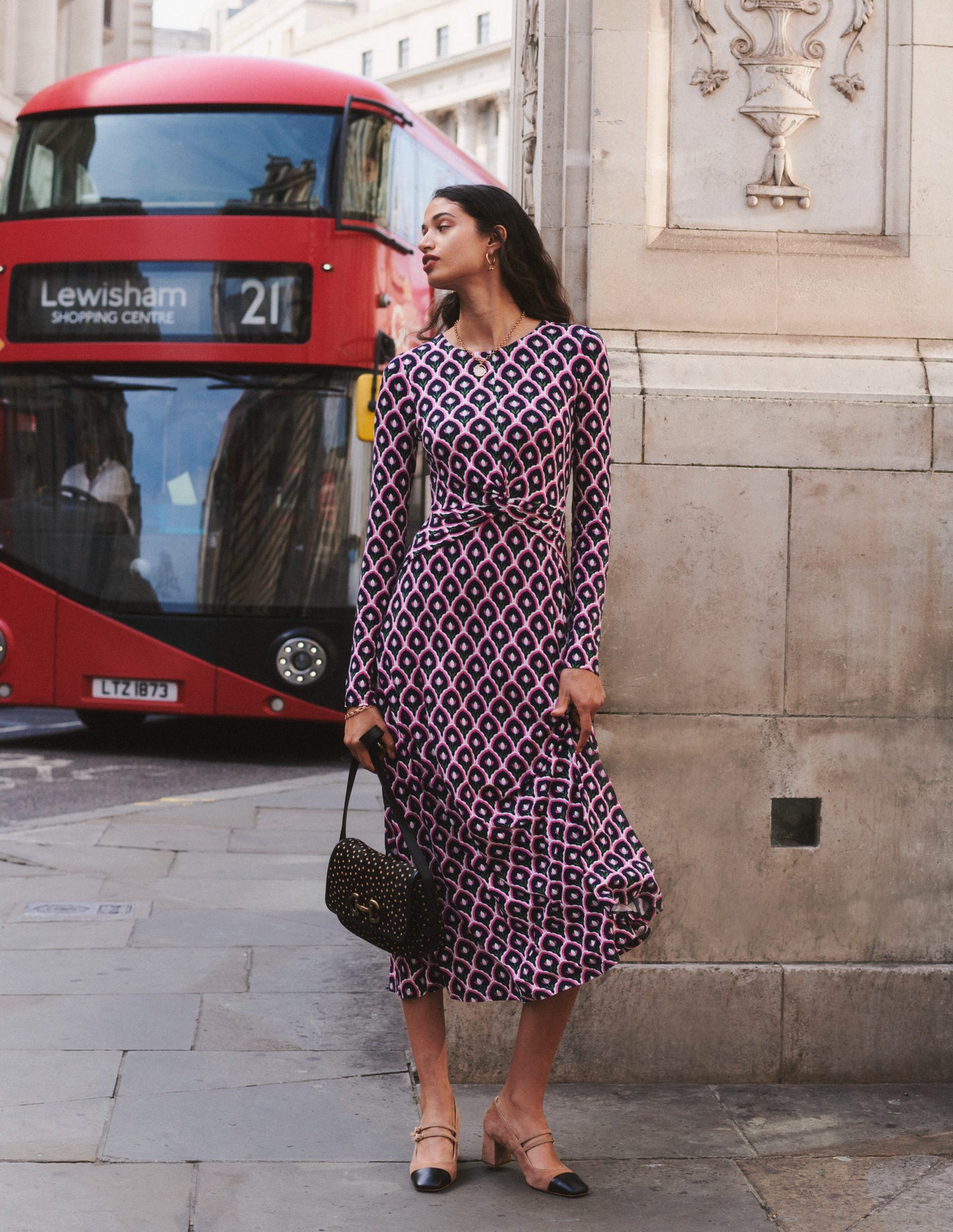 Twisted Waist Jersey Dress-Navy, Tulip Scallop