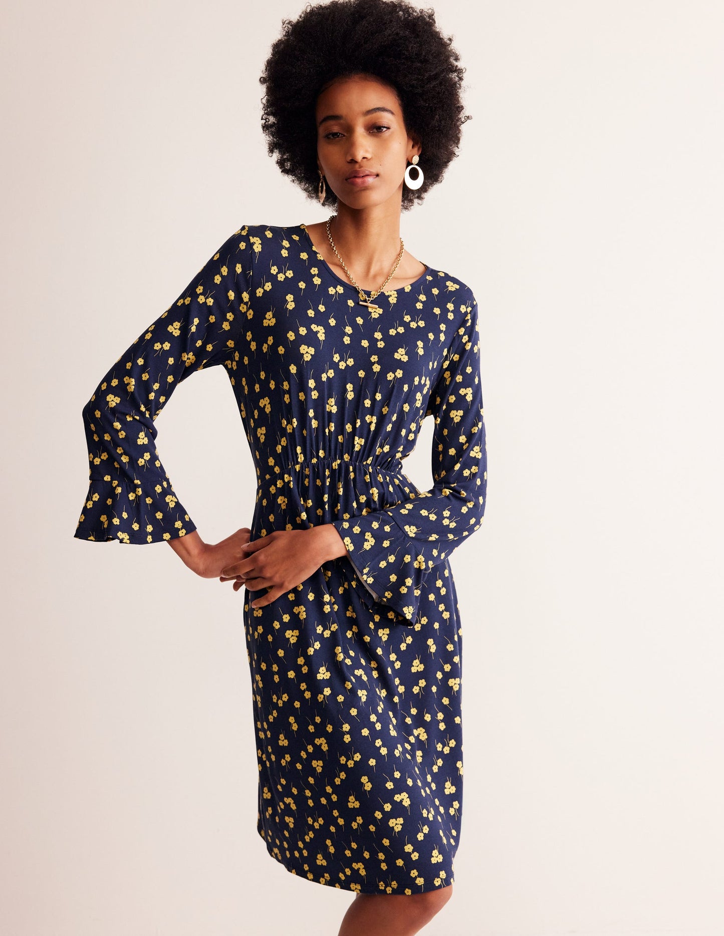 Flute Sleeve Jersey Dress-Soft Canary, Fall Sprig