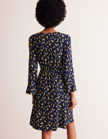 Flute Sleeve Jersey Dress-Soft Canary, Fall Sprig