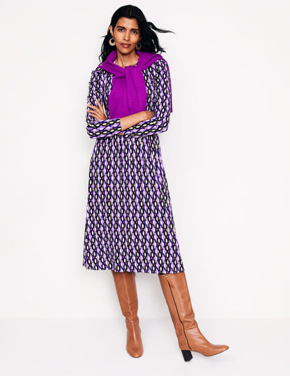 Puff Sleeve Blouson Dress-Multi, Trellis Wave