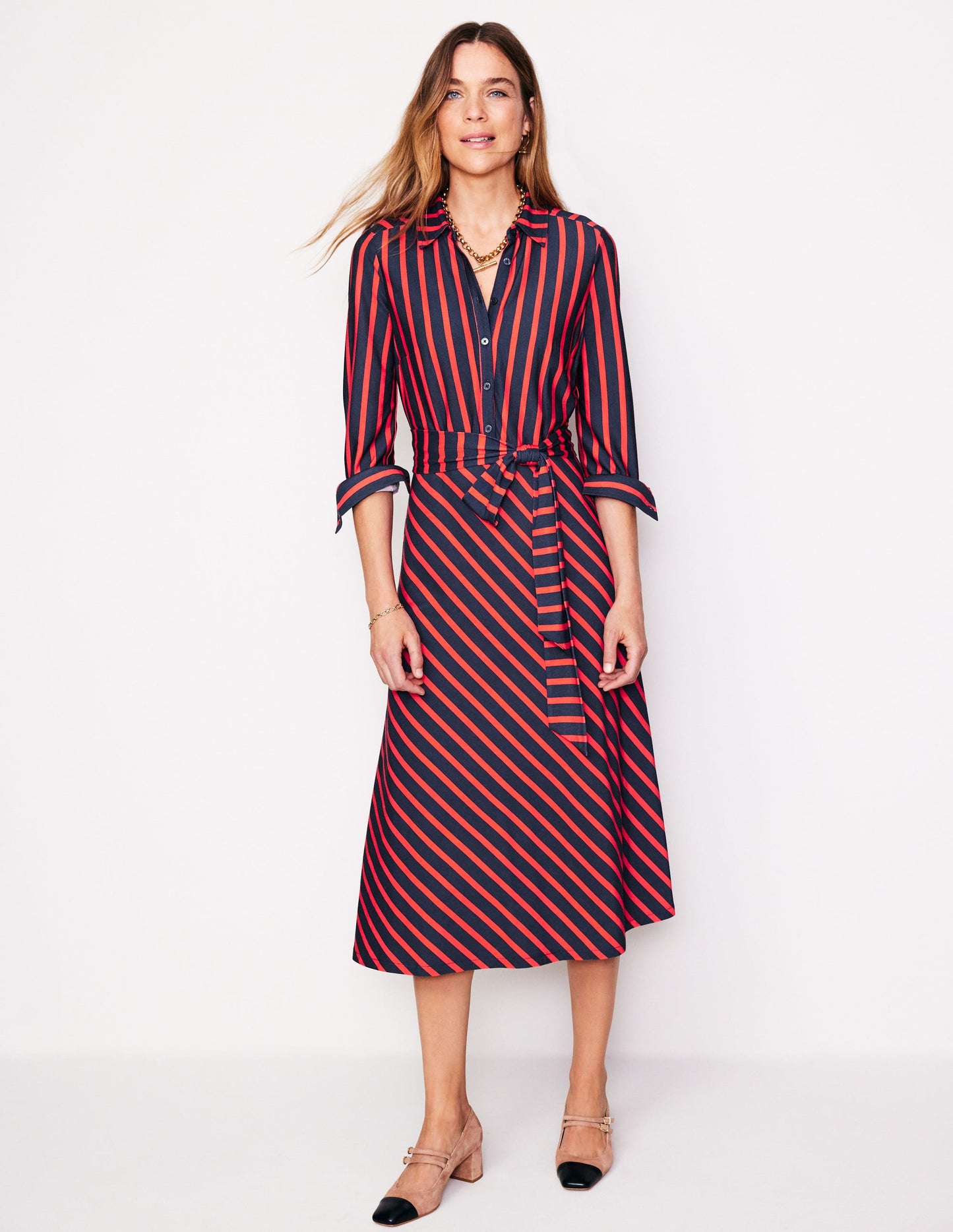 Laura Jersey Midi Shirt Dress-Navy, Rouge Stripe