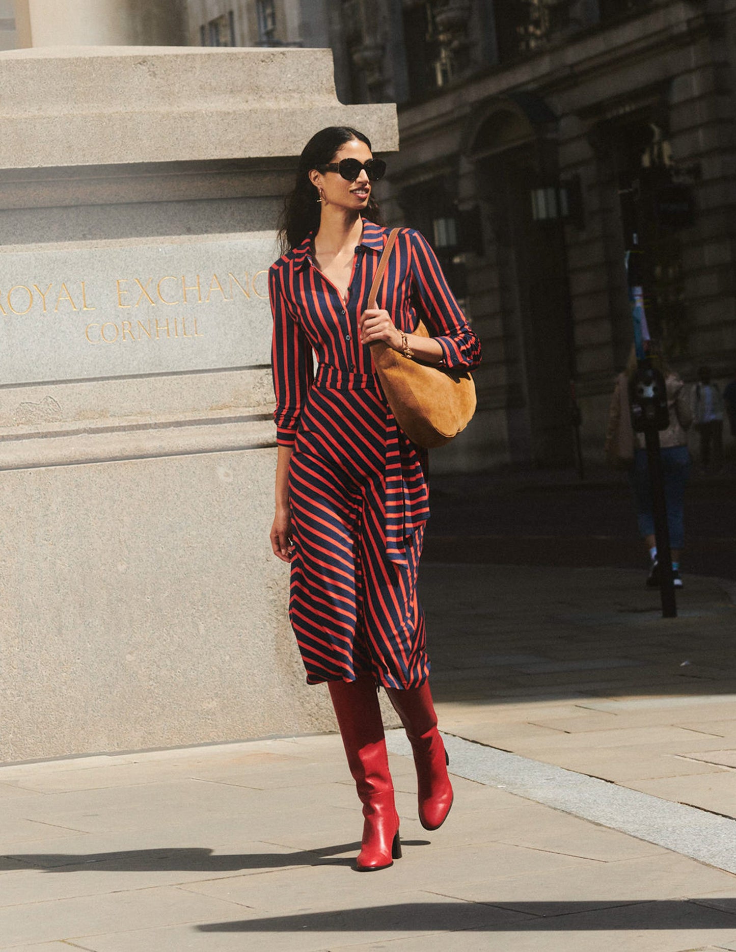 Laura Jersey Midi Shirt Dress-Navy, Rouge Stripe