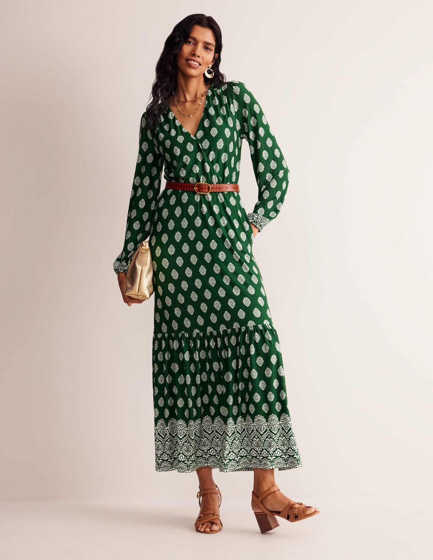 Ophelia Wrap Midi Jersey Dress-Pine, Ornate Stamp