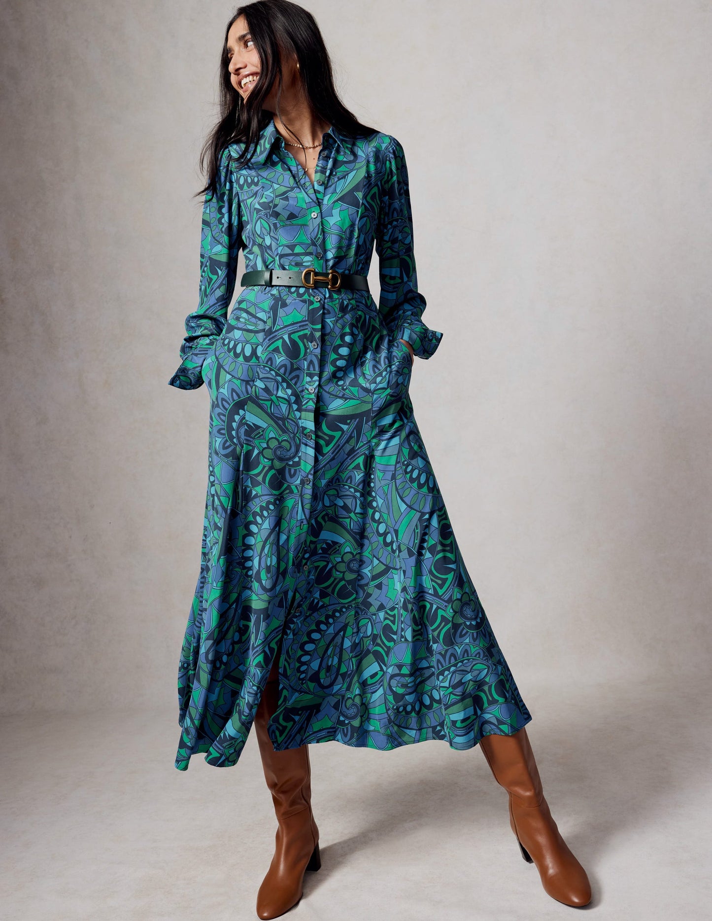 Martha Godet Maxi Shirt Dress-Blue, Kaleidoscopic Paisley