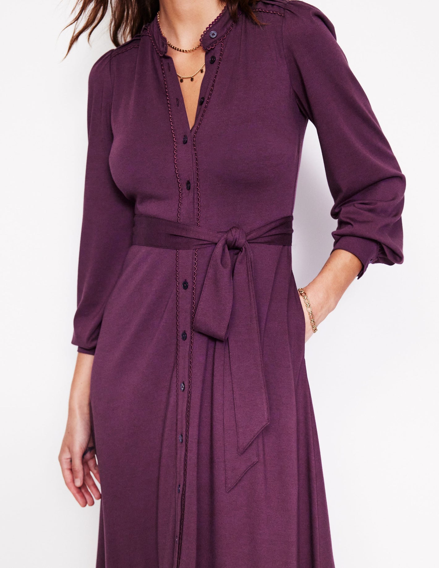 Rowena Trim Jersey Shirt Dress-Damson