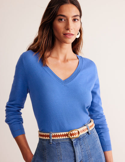 Catriona Cotton V-Neck Sweater-Blue Jay