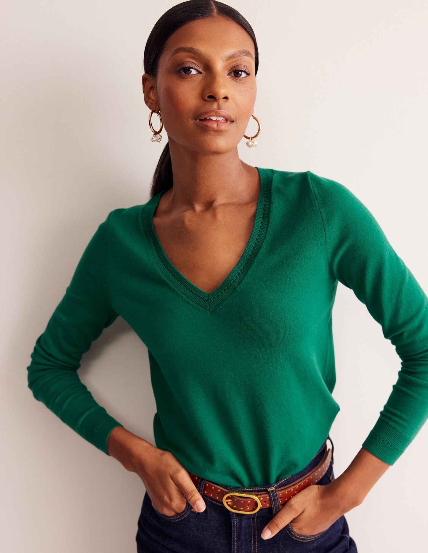 Catriona Cotton V-Neck Sweater-Malachite Green