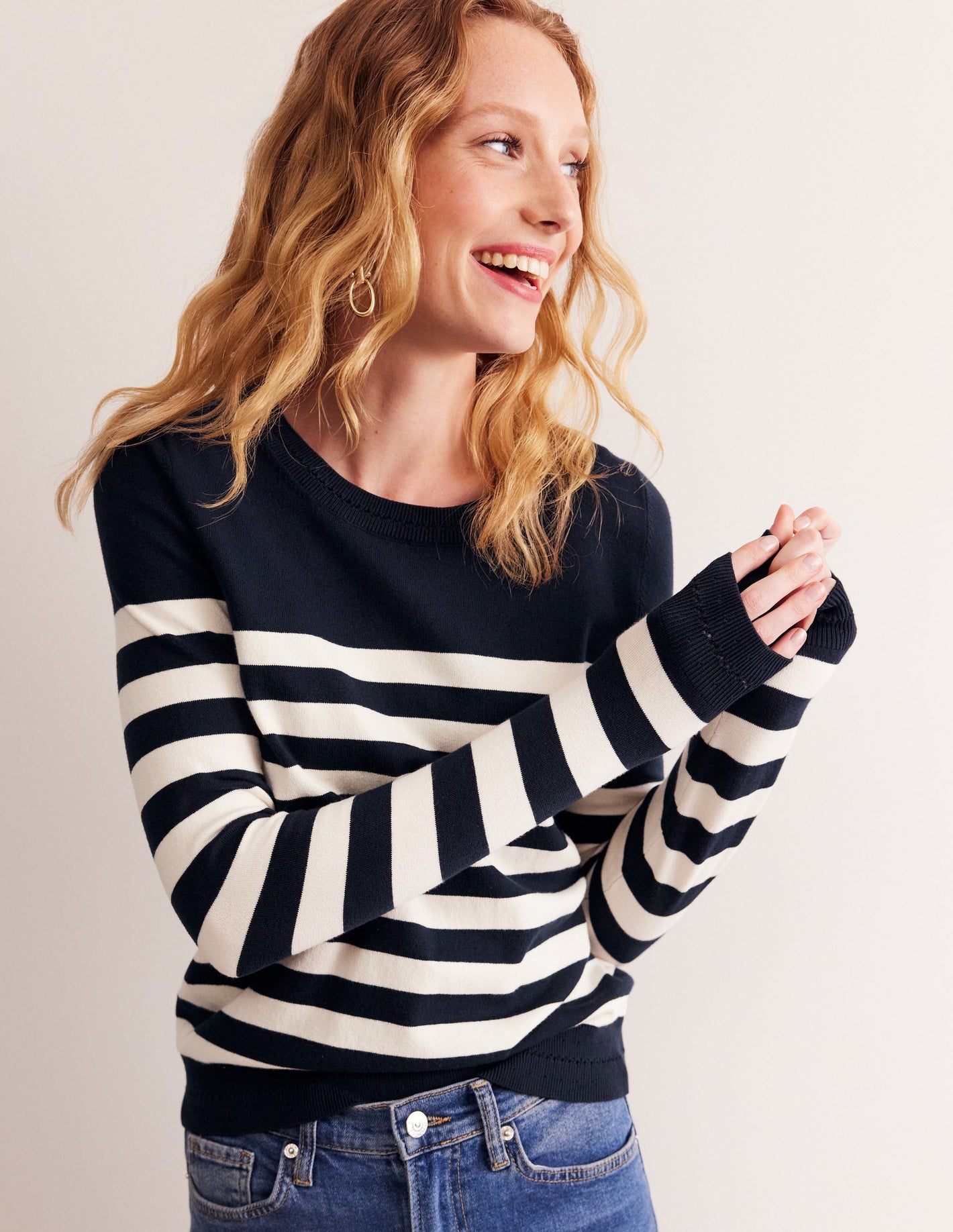 Catriona Cotton Crew Sweater-Navy/ Ivory