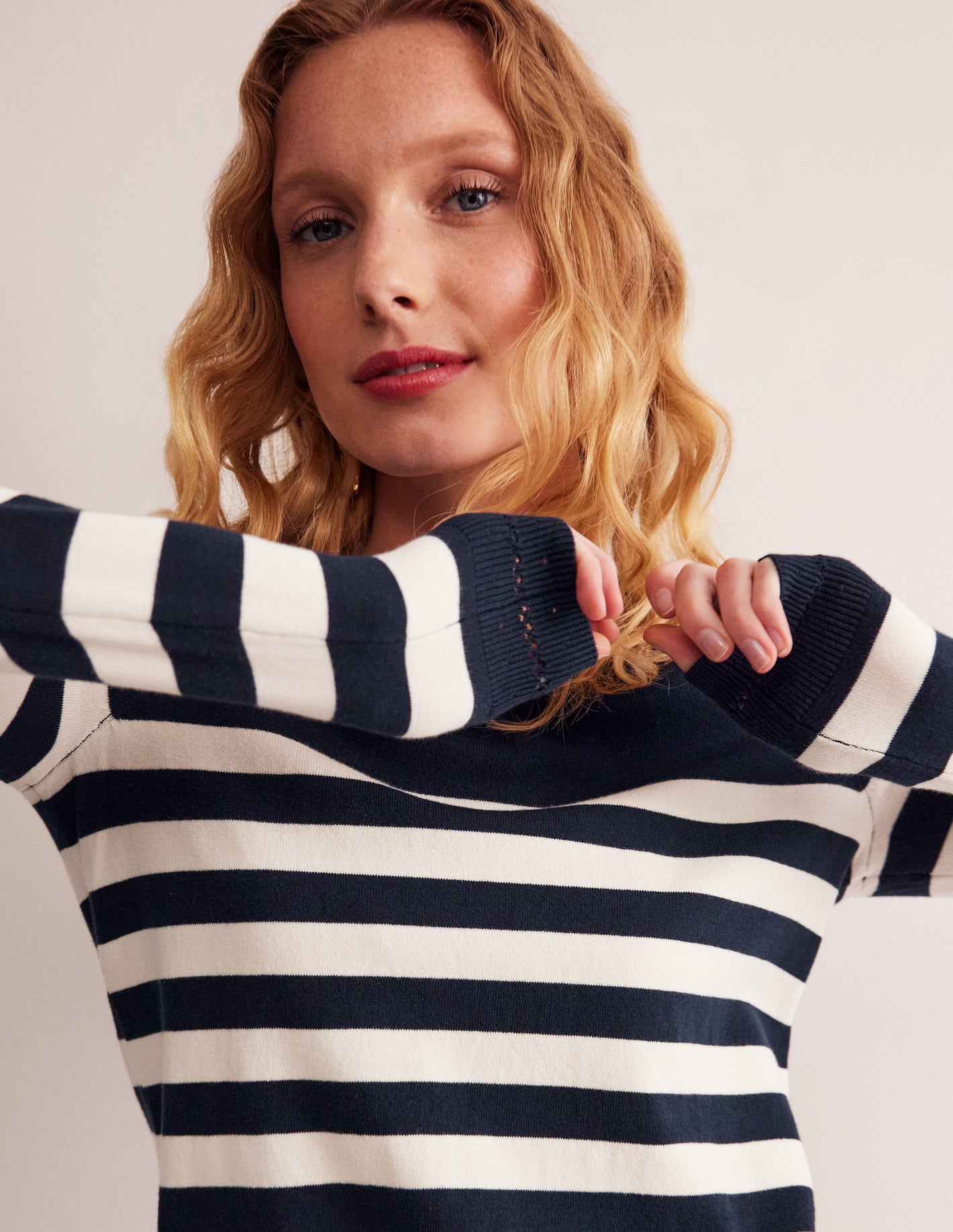 Catriona Cotton Crew Sweater-Navy/ Ivory