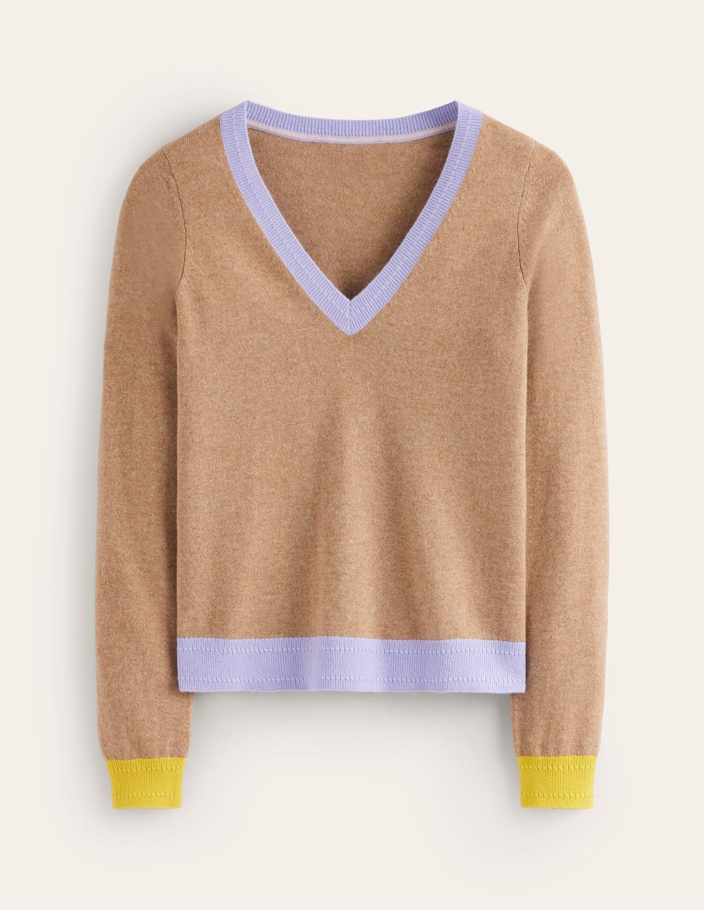 Eva Cashmere V-Neck Sweater-Camel Melange Colour Block