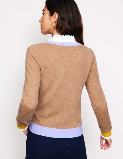 Eva Cashmere V-Neck Sweater-Camel Melange Colour Block