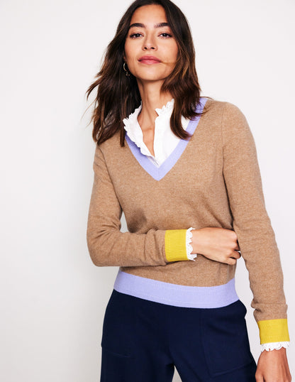 Eva Cashmere V-Neck Sweater-Camel Melange Colour Block