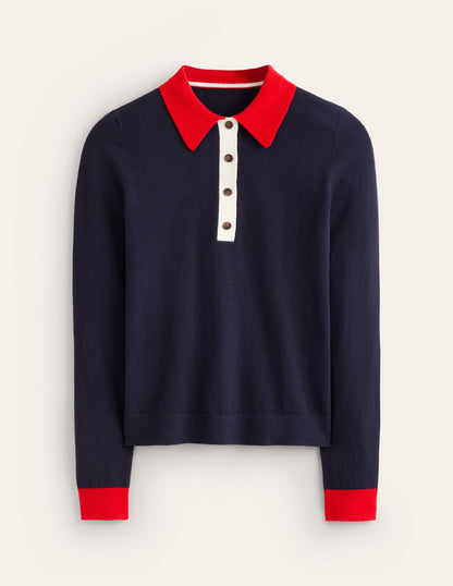 Cotton Blend Henley Sweater-Navy