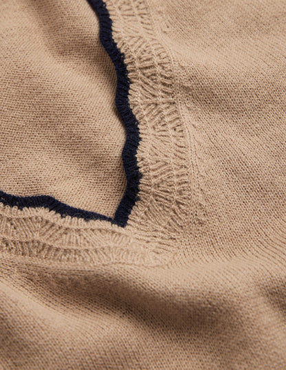 Merino Scallop V-Neck Sweater-Camel Melange