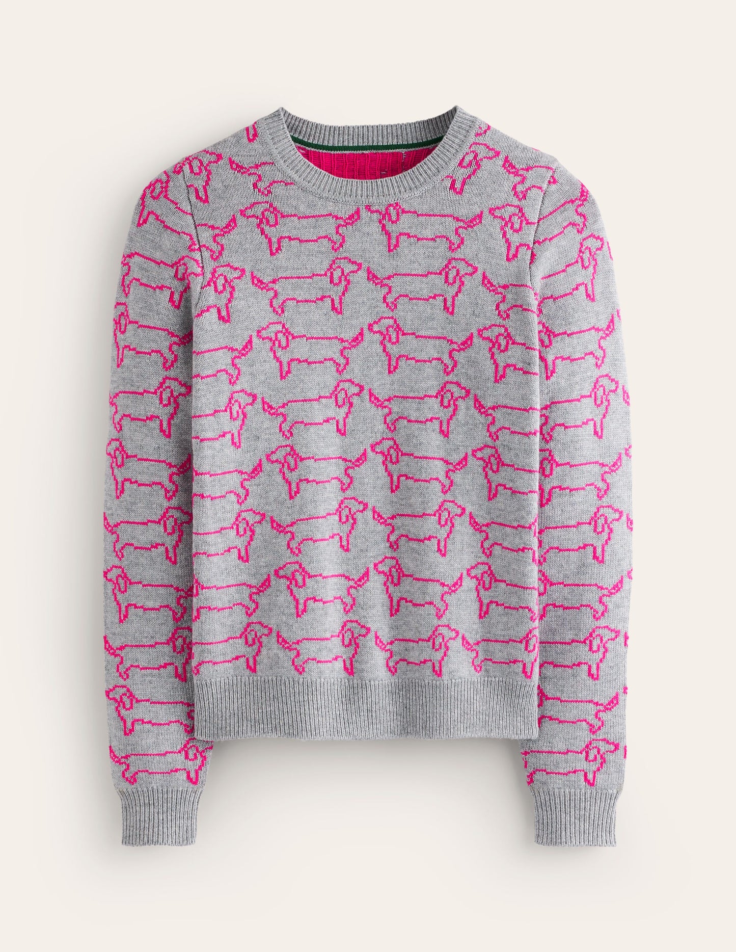 Heather Jacquard Sweater-Grey Marl, Pink Sausage Dog