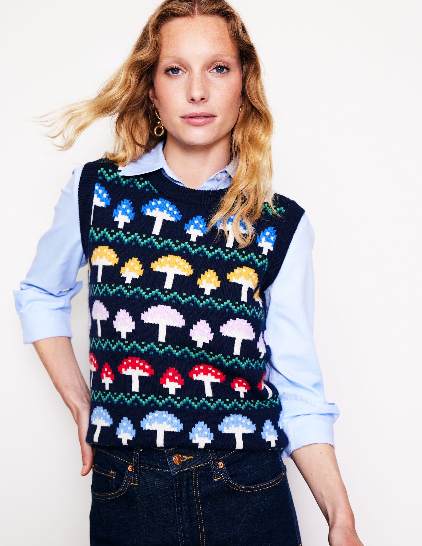 Edie Fair Isle Sweater Vest-Navy Mushroom