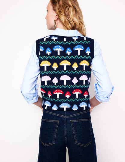 Edie Fair Isle Sweater Vest-Navy Mushroom