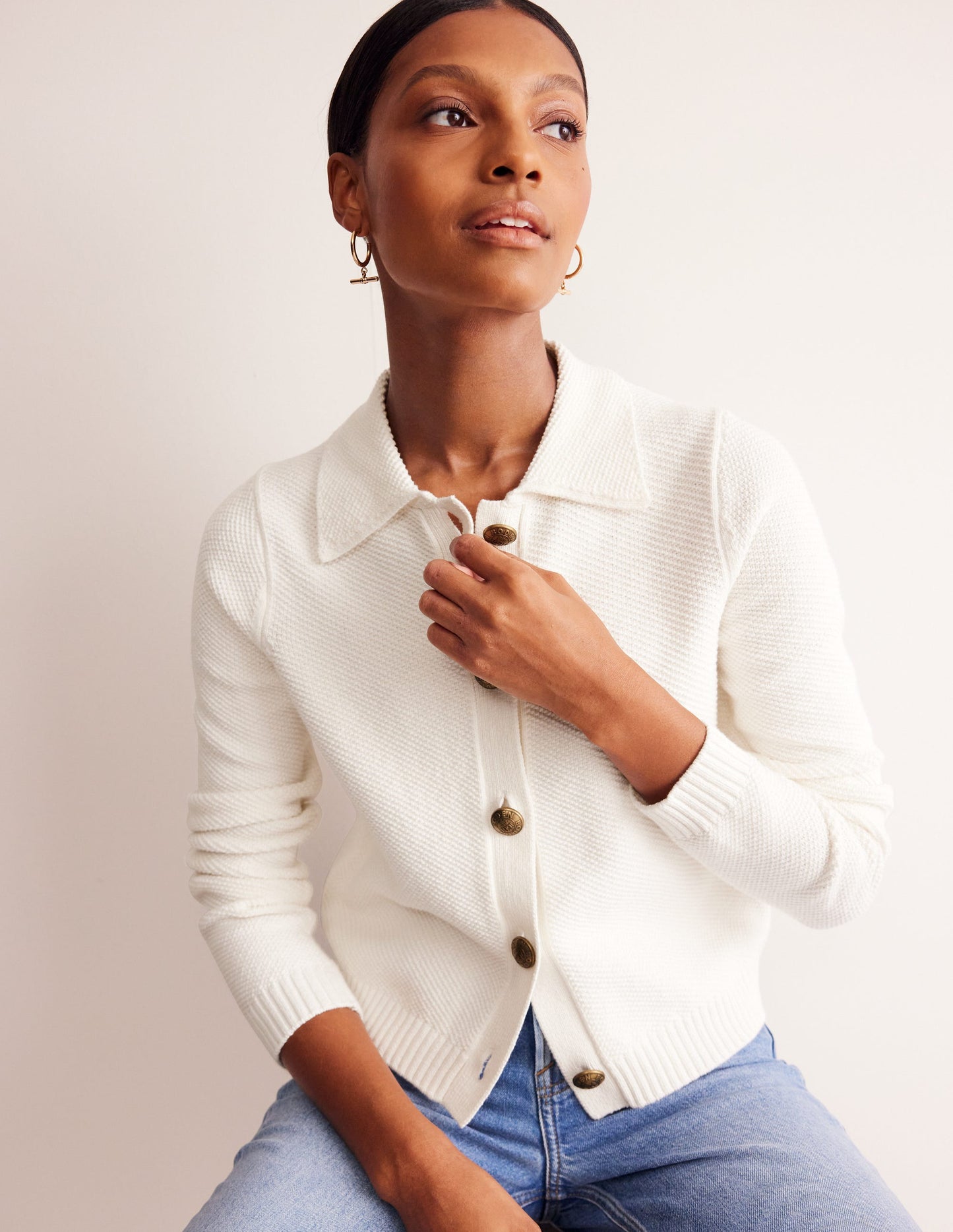 Collared Knitted Cardigan-Warm Ivory