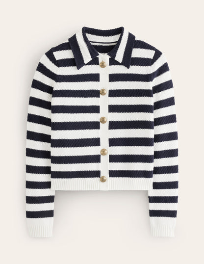 Collared Knitted Cardigan-Navy/ Ivory