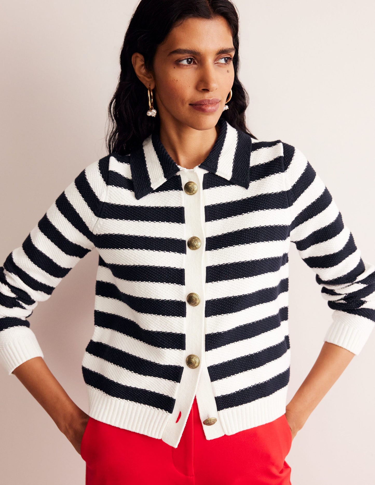 Collared Knitted Cardigan-Navy/ Ivory