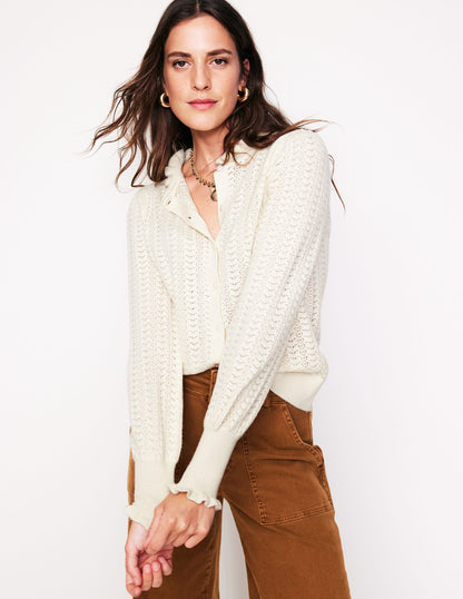 Tia Pointelle Frilled Cardigan-Warm Ivory