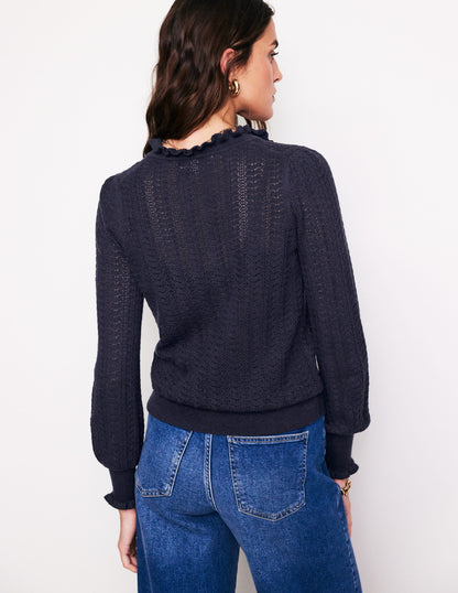 Tia Pointelle Frilled Cardigan-Navy