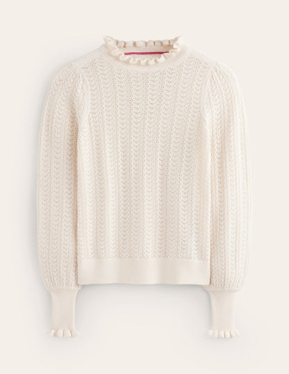 Tia Pointelle Frilled Sweater-Warm Ivory