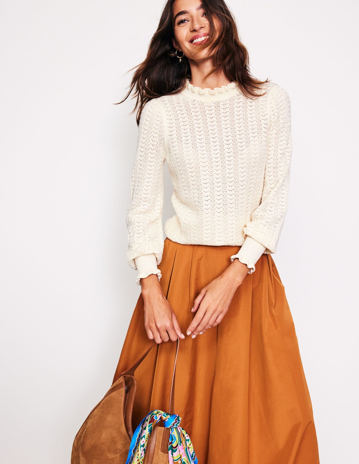 Tia Pointelle Frilled Sweater-Warm Ivory