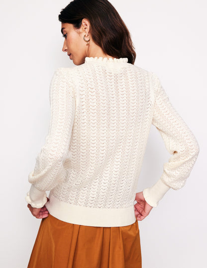 Tia Pointelle Frilled Sweater-Warm Ivory