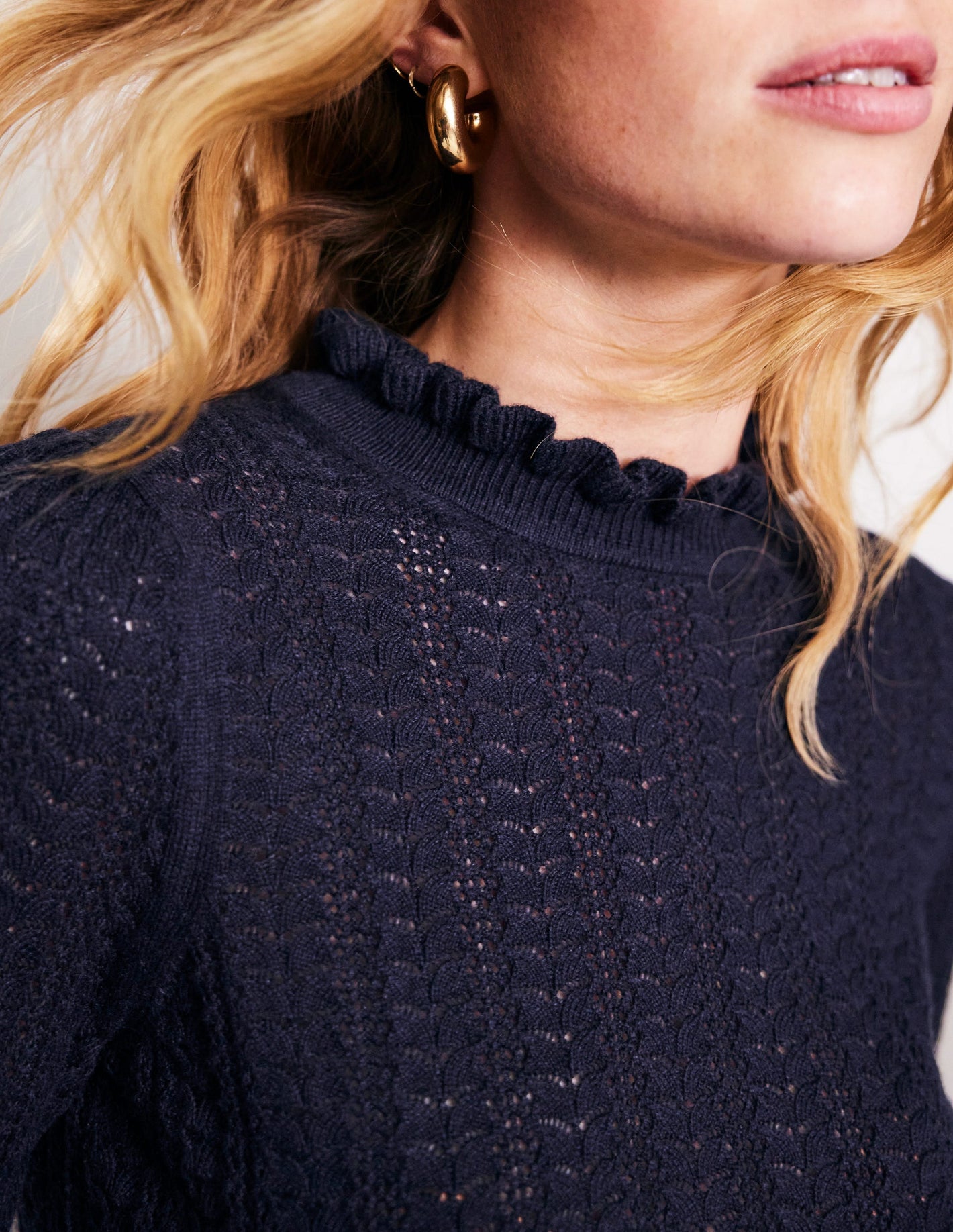 Tia Pointelle Frilled Sweater-Navy