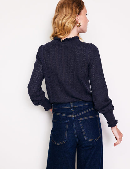 Tia Pointelle Frilled Sweater-Navy