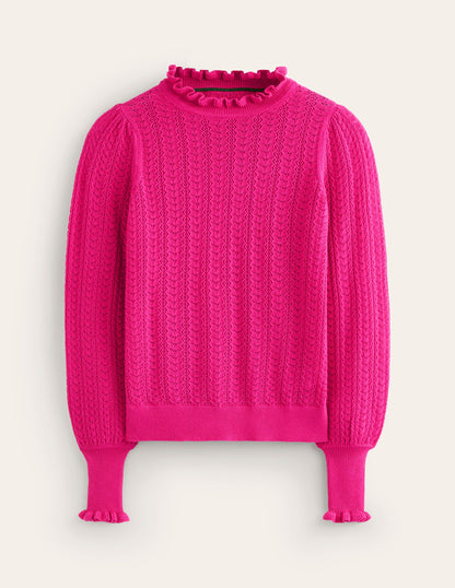 Tia Pointelle Frilled Sweater-Pink Peacock