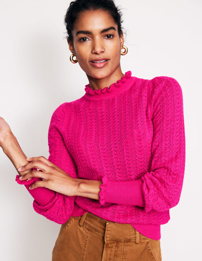 Tia Pointelle Frilled Sweater-Pink Peacock