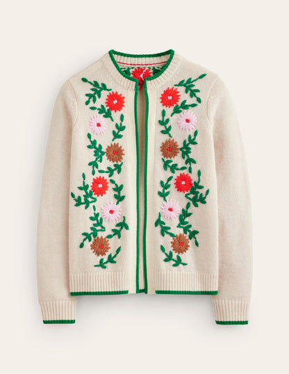 Flower Embroidered Cardigan-Warm Ivory