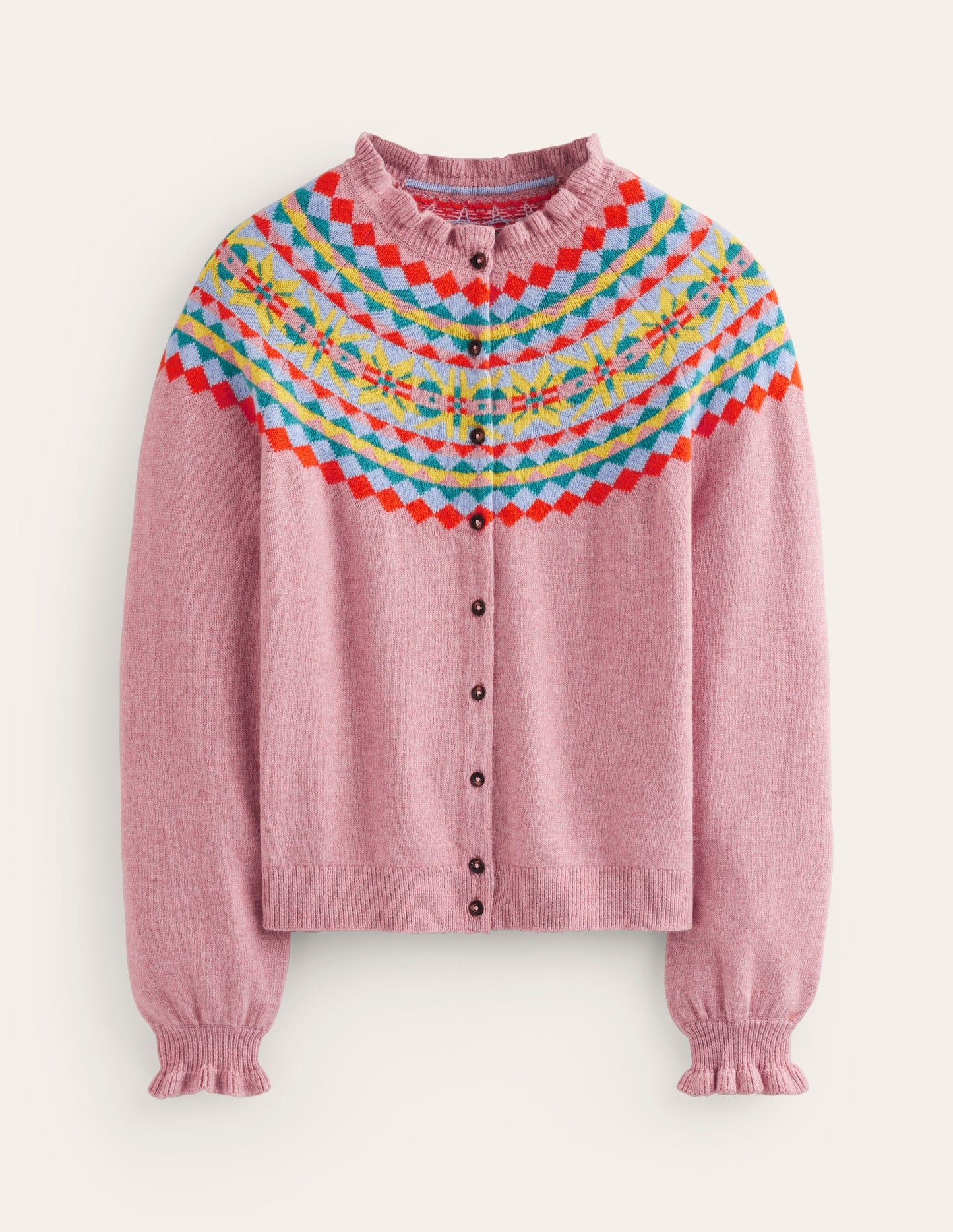 Fae Fair Isle Frilled Cardigan-Old Rose Pink