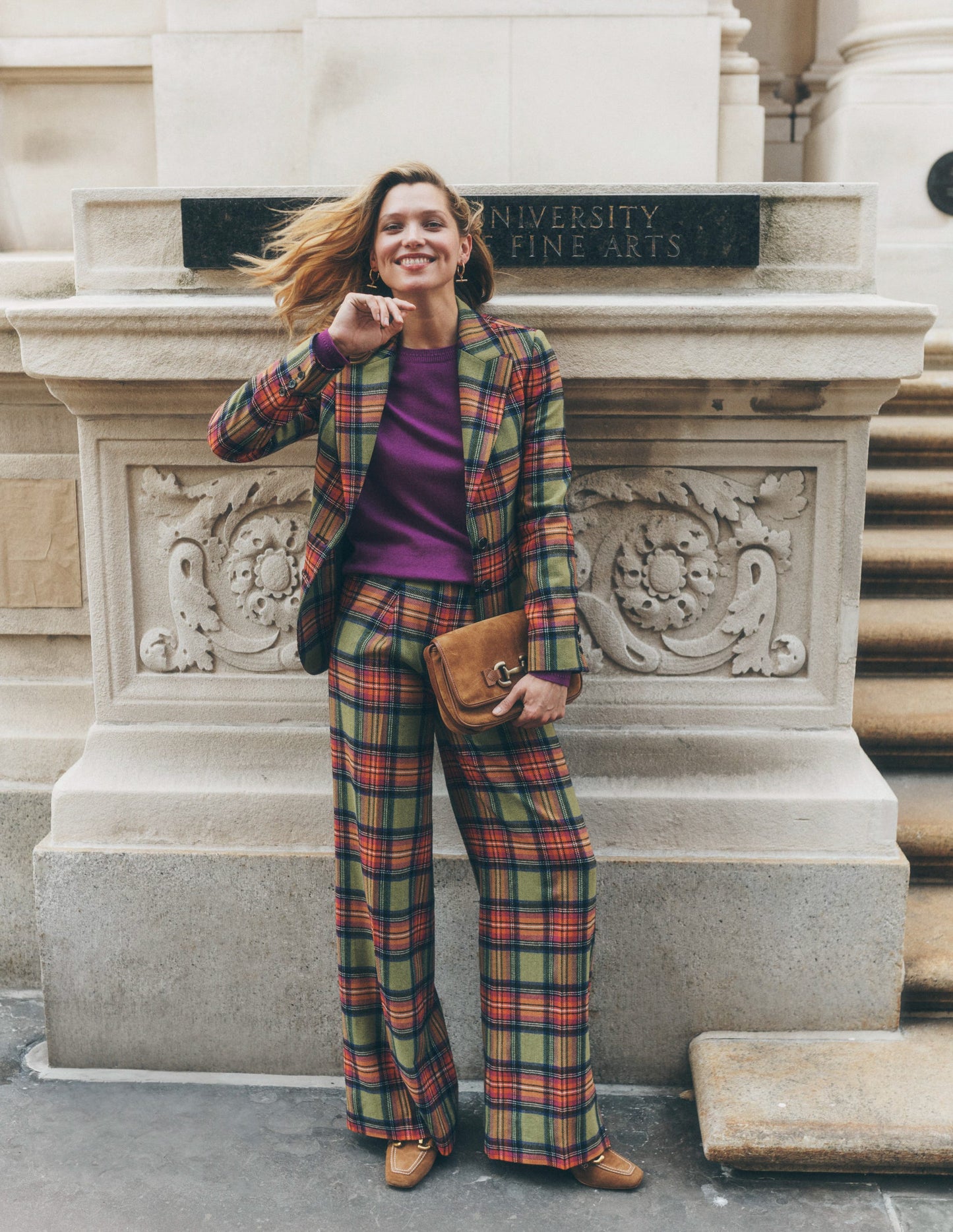 Chiswick Wool Blend Pants-Green and Purple Check