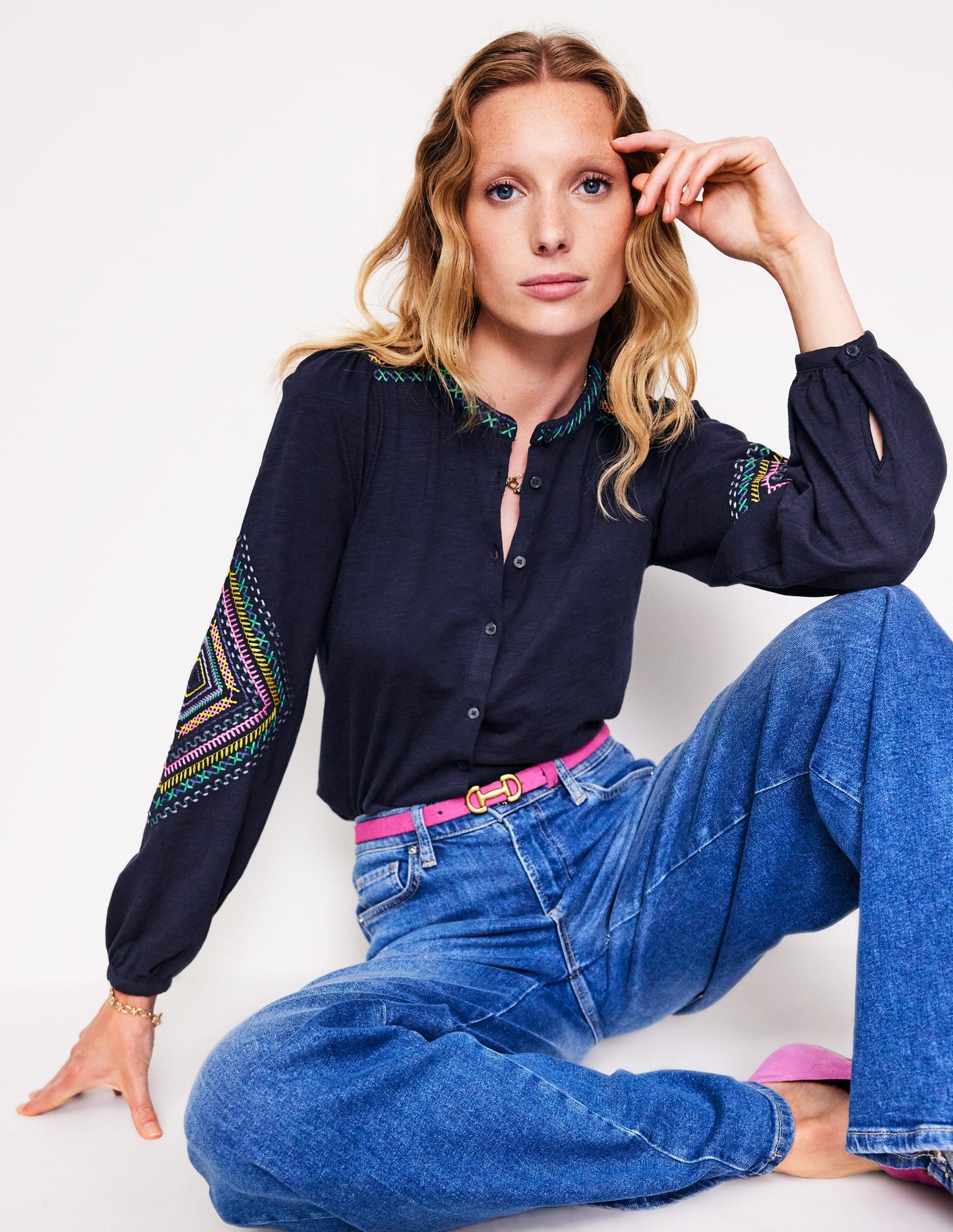 Marina Embroidered Shirt-Navy